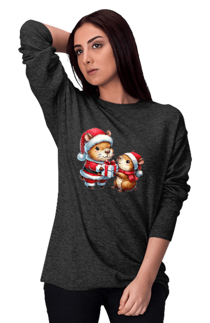 Women's sweatshirt with prints Christmas Capybara with a Gift. Animal, capybara, christmas, christmas capybara, gift, holiday, new year, new year`s gift, santa. 2070702