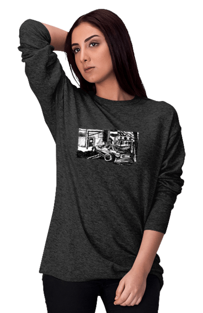 Women`s sweatshirt with prints Dangerous Car on the roads of the streets. Black and white, car, dangerous, fast, machine, race. 2070702