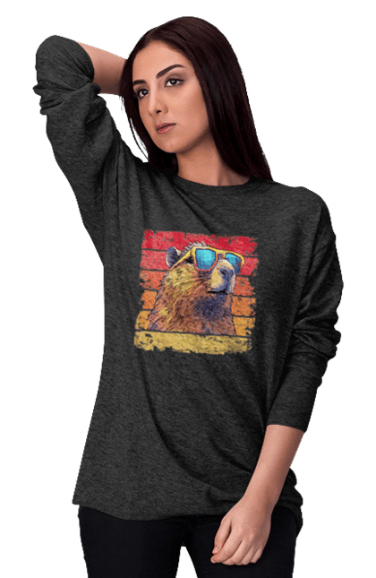 Women's sweatshirt with prints Capybara. Animal, capybara, glasses, rodent. 2070702