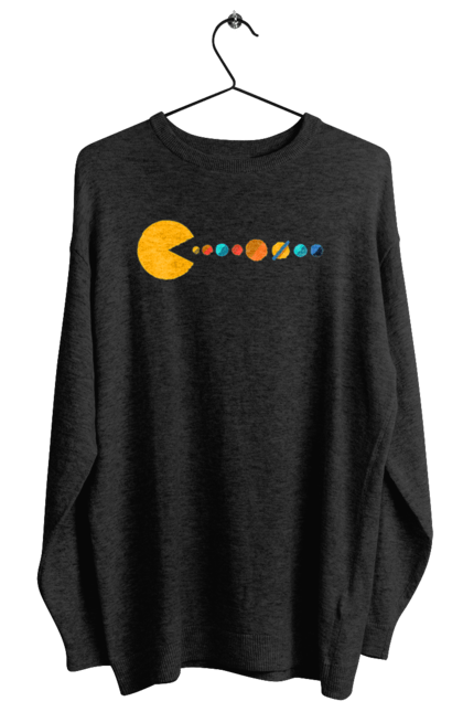 Світшот жіночий з принтом "Pac Man Planets". Atari, namco, pac man, аркадна відеогра, відеогра, комп`ютерна гра, космос, лабіринт, планети, сонячна система. 2070702