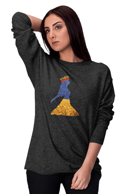 Світшот жіночий з принтом "Україна". Вінок, дівчина, дівчинка, жовтий синій, жовто-блакитне, маки, національні кольори, небо, пшеничне поле. 2070702