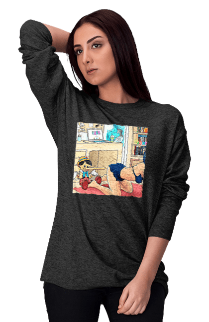 Світшот жіночий з принтом "Буратіно У Дорослій Казці". Бетмен, буратіно, гола, поцілунок, прикол. 2070702