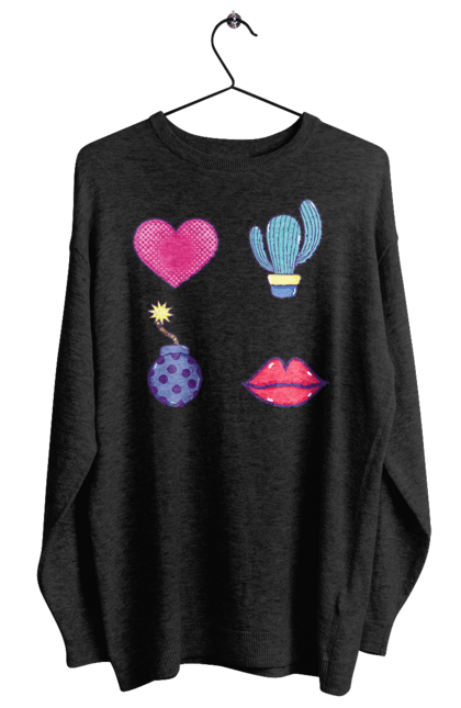 Women`s sweatshirt with prints Heart, Cactus, Bomb, Lips. Bomb, cactus, lips. 2070702