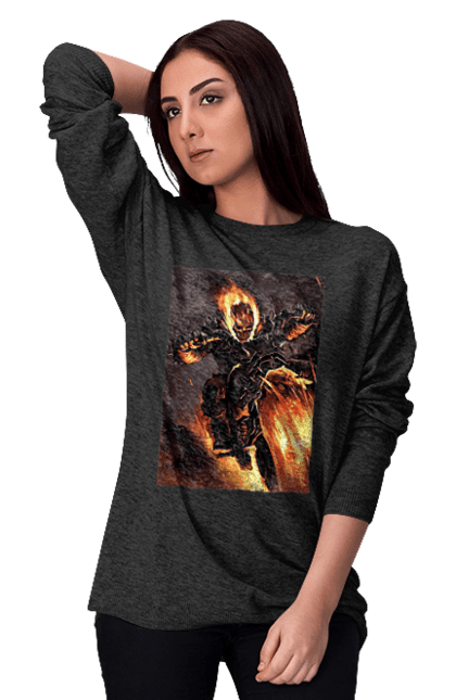 Світшот жіночий з принтом "Пекельний Гонщик". Вогонь, мотоцикл, пекельний гонщик, скелет, чоппер. 2070702