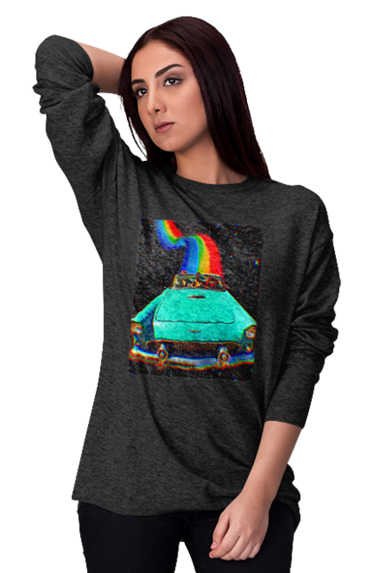 Світшот жіночий з принтом "Картина, машина у космосі". Веселка, картина, космос, машина, подорожі, поїздка, прикол, ретро. 2070702