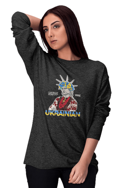 Women`s sweatshirt with prints UA & NY. Embroidered shirt, new york, statue of liberty, ukraine, wreath. 2070702