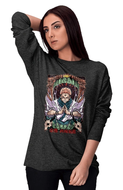 Свитшот женский с принтом Магическая битва Сукуна. Anime, jujutsu kaisen, manga, sukuna, аниме, магическая битва, манга, мистика, сукуна, тёмное фэнтези. 2070702