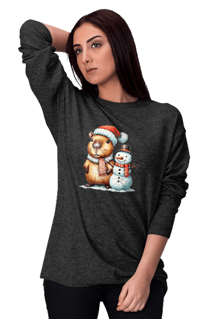 Women's sweatshirt with prints Capybara and Snowman. Animal, capybara, christmas, christmas capybara, gift, holiday, new year, new year`s gift, santa, snowman. 2070702