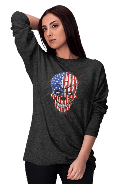 Women's sweatshirt with prints Skull with flag. Bones, eagle, flag, scull, smile, teeth, usa. 2070702