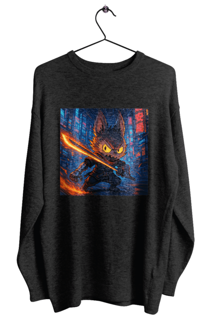 Світшот жіночий з принтом "Лабубу". Аніместиль, дія, катана, кіберніндзя, кіберпанк, лабубу, меч, неонове місто, очі` що світяться. 2070702