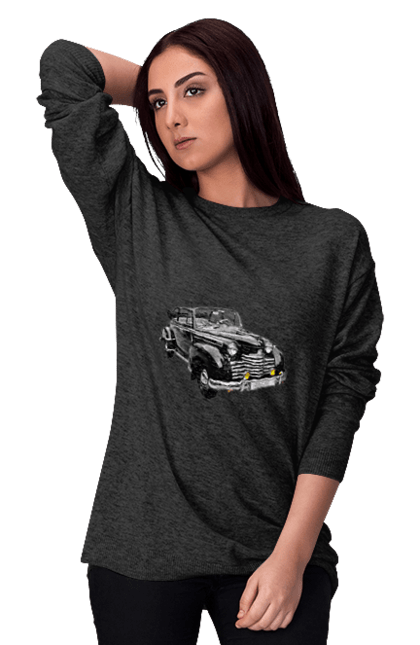 Світшот жіночий з принтом "Авто.5". Авто, професійне фото, ретро авто, фото, чорний колір. 2070702