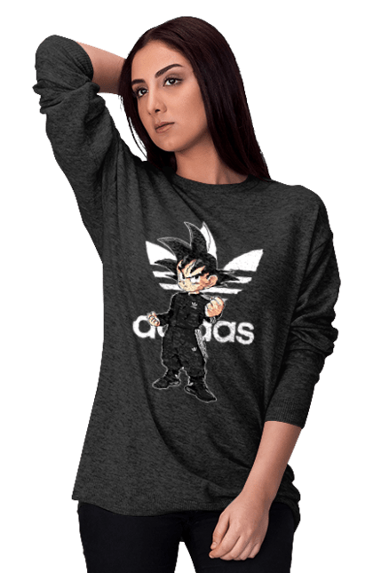 Свитшот женский с принтом Adidas Сон Гоку. Adidas, anime, dragon ball, manga, son goku, адидас, аниме, гоку, жемчуг дракона, сон гоку. 2070702