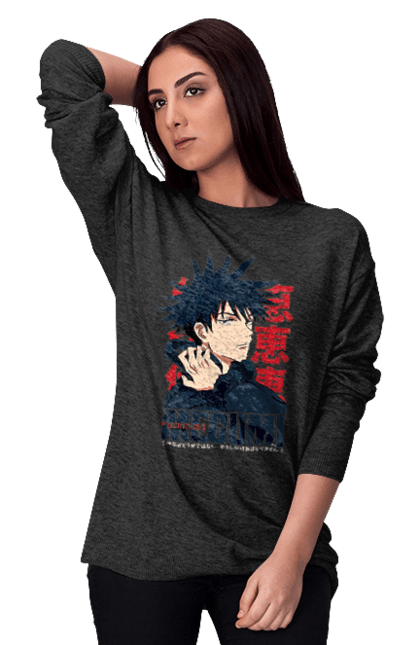 Women's sweatshirt with prints Jujutsu Kaisen Megumi. Anime, dark fantasy, fushiguro, fushiguro megumi, jujutsu kaisen, magic battle, manga, megumi, mystic. 2070702