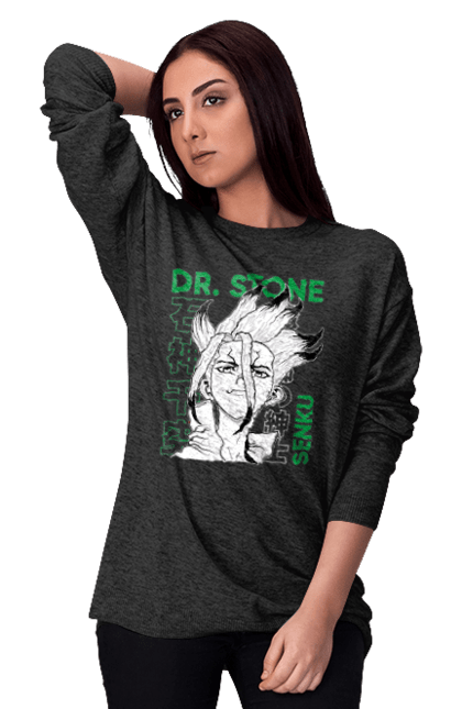 Світшот жіночий з принтом "Dr. Stone Сенку". Dr. stone, ishigami, senku, senku ishigami, аніме, доктор стоун, ісіґамі, ісіґамі сенку, манга, сенку. 2070702