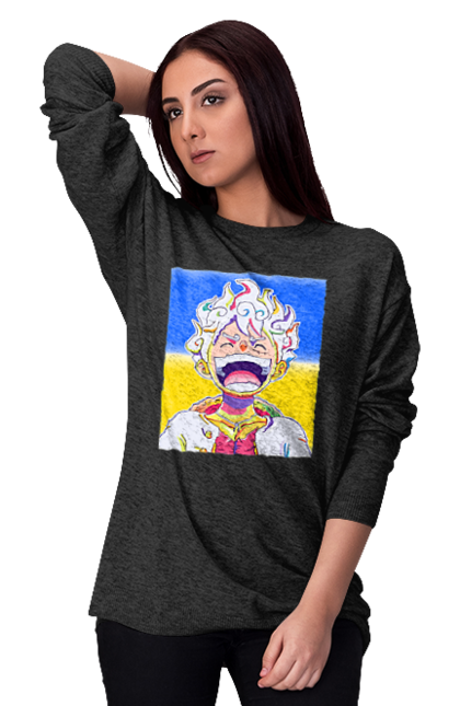 Світшот жіночий з принтом "Монкі д Луффі сміється на жовто блактному фоні". Ван піс, луффі, монкі д. луффі, прапор україни, символ україни, україна. 2070702