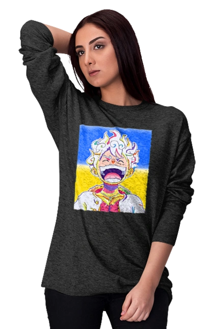 Монки д Луффи смеется на желтом синем фоне.