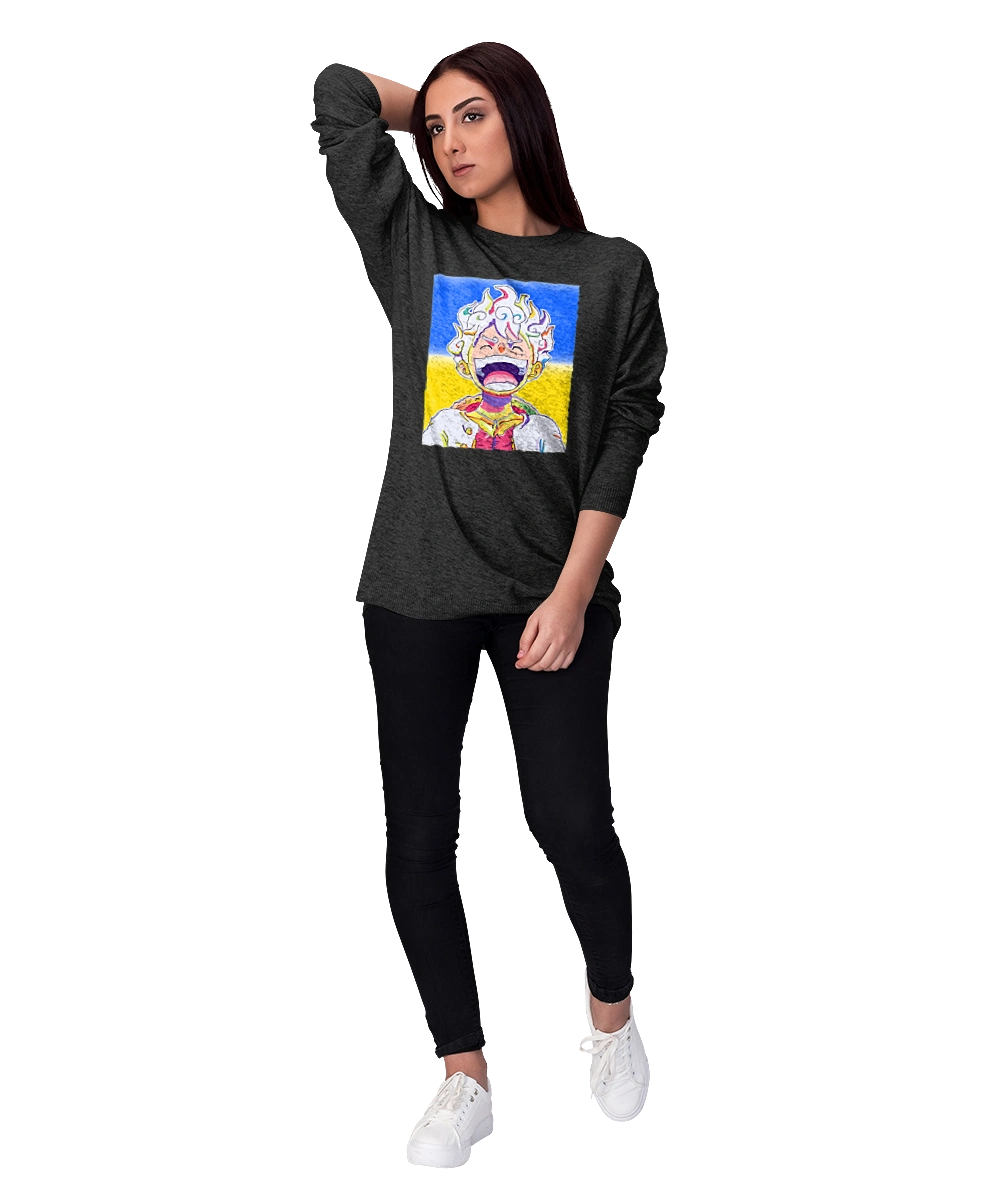 Монки д Луффи смеется на желтом синем фоне.