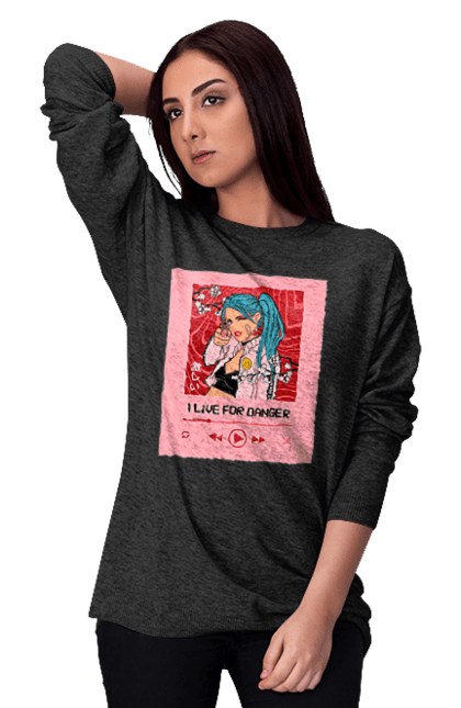 Світшот жіночий з принтом "I Live For Danger". Аніме, музика, пістолет, програвач. 2070702