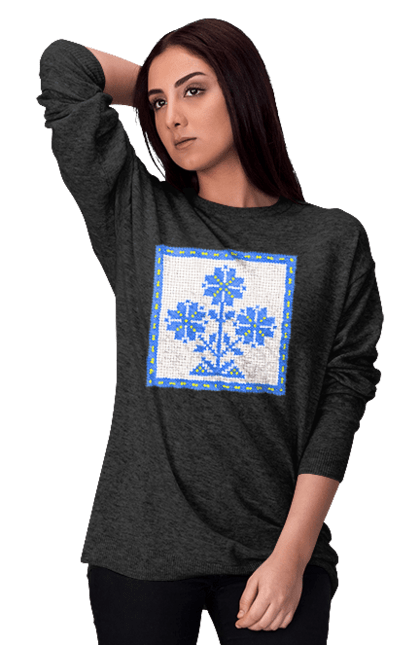 Women`s sweatshirt with prints Yellow blue embroidery flowers. Cross stitch, embroidery, flowers, symbol of ukraine, traditions of ukraine, ukraine. 2070702