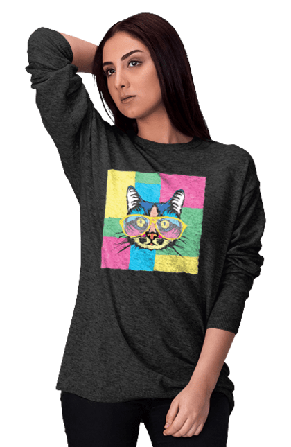 Women's sweatshirt with prints Cat with glasses. Animal, art, bright, cat, cat, glasses, mustache, picture, wool. 2070702