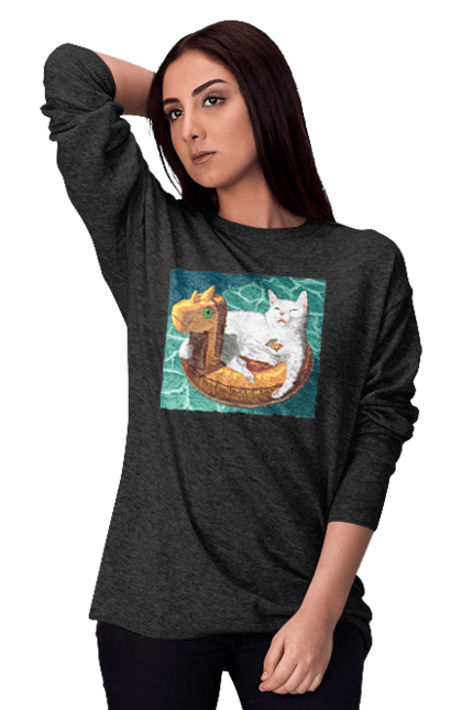 Світшот жіночий з принтом "Білий кіт у плавальному колі, на відпочинку". Басейн, відпочинок, кіт, коктейль, море, плавальний круг. 2070702