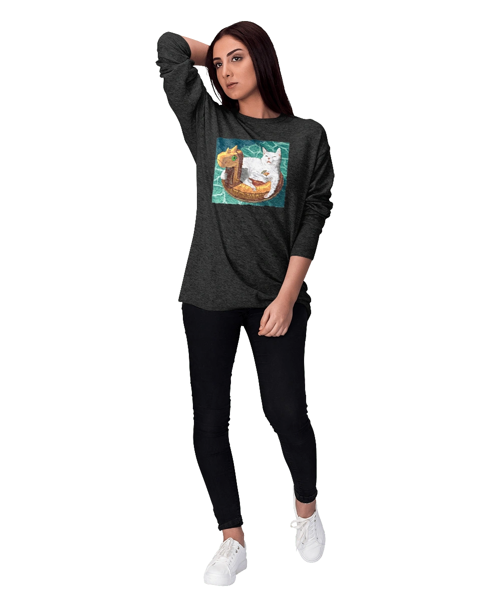 White cat in a swimming circle on vacation