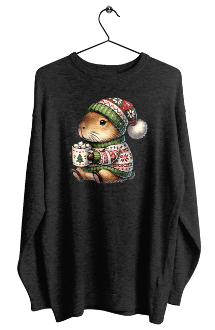 Women's sweatshirt with prints Capybara with hot chocolate. Animal, capybara, christmas, christmas capybara, gift, holiday, hot chocolate, new year, santa. 2070702