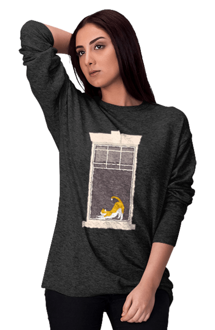 Світшот жіночий з принтом "Кіт В Вікні". Вікно, кіт, потягушки, рудий. 2070702