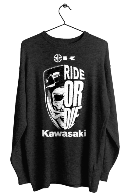 Свитшот женский с принтом Kawasaki. Kawasaki, ride or die, бренд, мотоцикл, спорт, череп. 2070702