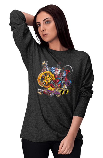 Світшот жіночий з принтом "Автозапчастини". Автозапчастини, гонка, драгрейсинг, драйв, машина, стрітрейсинг. 2070702