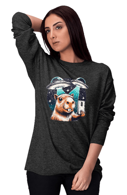 Women's sweatshirt with prints Capybara. Aliens, animal, capybara, rodent, space, ufo. 2070702