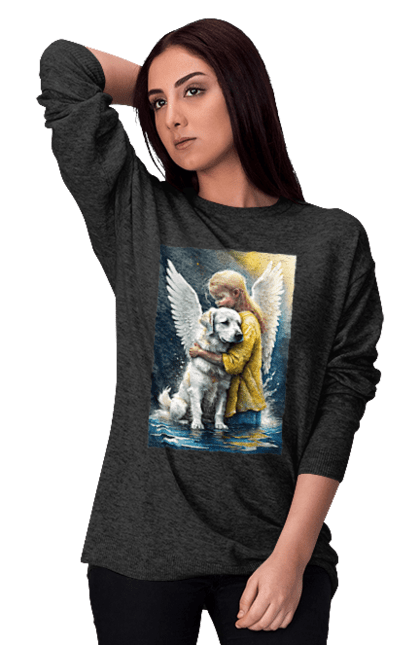 Світшот жіночий з принтом "Дівчинка та собака ангел [память загиблим тваринам]". Дівчинка та собака, крим, нова каховка, память загиблим тваринам, собака ангел, україна, херсон. 2070702