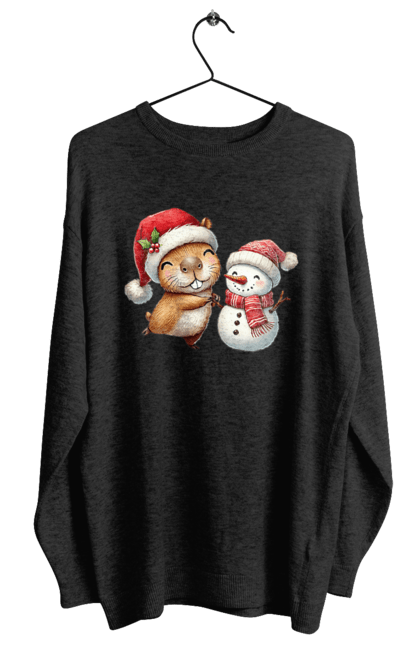 Women's sweatshirt with prints Capybara and Snowman. Animal, capybara, christmas, christmas capybara, gift, holiday, new year, new year`s gift, santa, snowman. 2070702