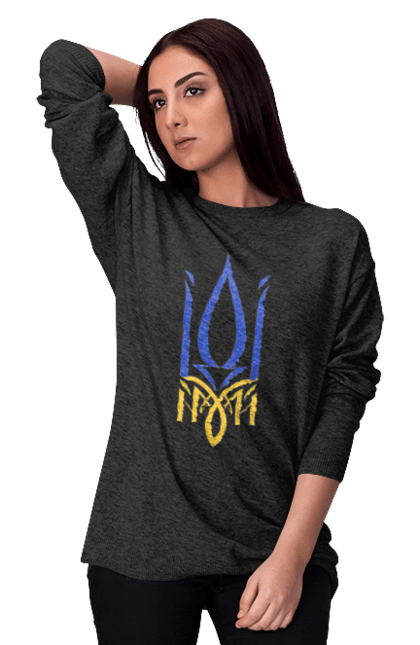 Світшот жіночий з принтом "Герб України". Аграрії, арестович, буча, війна, герб україни, герої, зелений, зупиніть війну, иди нахуй, ірпінь, київ, кім, маріуполь, мир, мрія, ні війні, одеса, орда, орки, привид києва, птн пнх, путін хуйло, російський військовий корабель, слава україні, україна, харків, чорнобаївка. 2070702