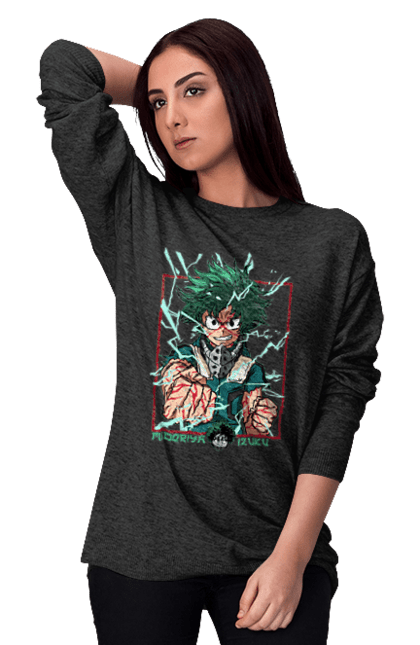 Світшот жіночий з принтом "Моя академія героїв Мідорія". Izuku, midoriya, my hero academia, аніме, ізуку мідорія, манга, мідорія, моя геройська академія. 2070702