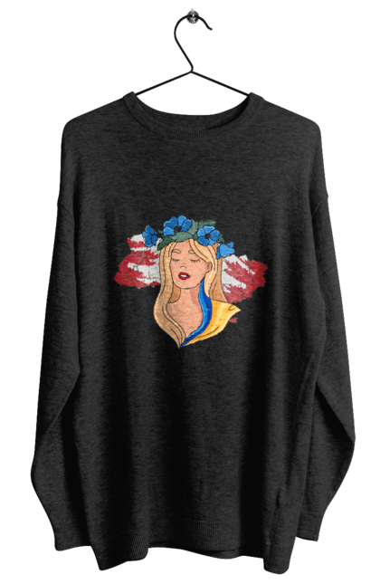 Світшот жіночий з принтом "Дівчина на карті України". Дівчина, дівчина на карті, жовтий, карта україни, квіти, прапор, синій, україна, червоний. 2070702