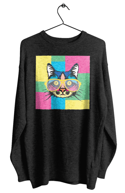 Women's sweatshirt with prints Cat with glasses. Animal, art, bright, cat, cat, glasses, mustache, picture, wool. 2070702