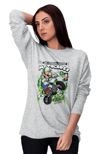 Світшот жіночий з принтом "Luigi Motocross". Nintendo, playstaion, автомобіль, гра, зелений маріо, луїджі, маріо. Funkotee