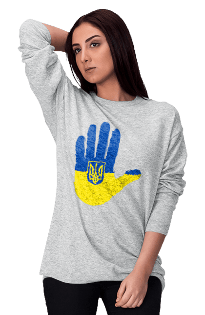 Світшот жіночий з принтом "Долоня українця". Війна, герб україни, долоня українця, патріот, прапор, рука, україна, українець. PrintMarket - інтернет-магазин одягу та аксесуарів з принтами плюс конструктор принтів - створи свій унікальний дизайн