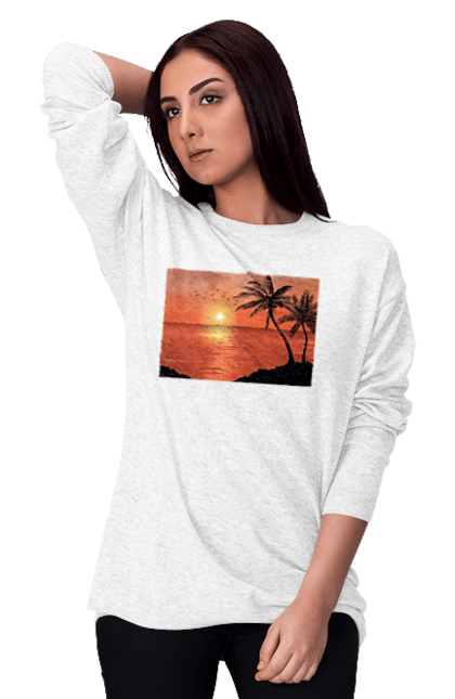 Світшот жіночий з принтом "Захід Пальми Море". Берег, захід, море, пальми. 2070702