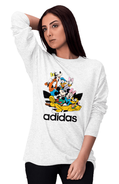 Свитшот женский с принтом Adidas Микки Маус. Adidas, mickey mouse, адидас, дисней, микки, микки маус, мультфильм. 2070702