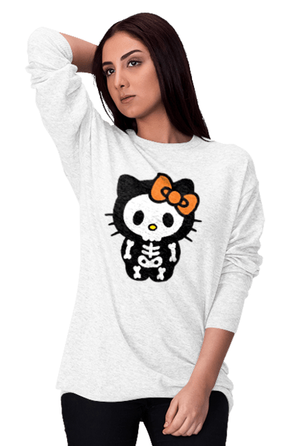 Світшот жіночий з принтом "Хелло Кітті Хелловін". Halloween, hello kitty, zombie, бренд, зомбі, кошеня, персонаж, скелет, хелло кітті, хелловін. 2070702