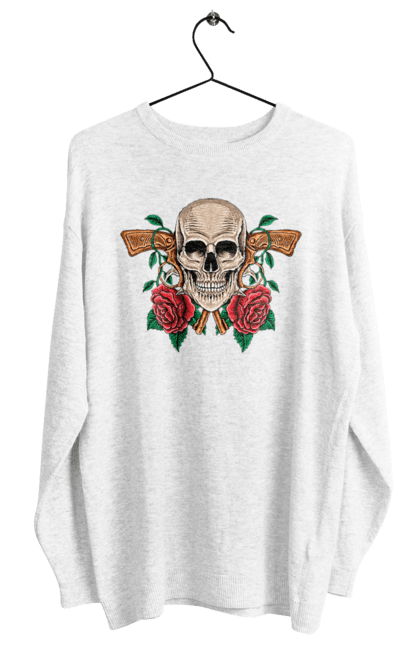 Women's sweatshirt with prints Skull with roses. Bones, eyes, flowers, gun, leaves, rose flower, scull, spikes, teeth. 2070702