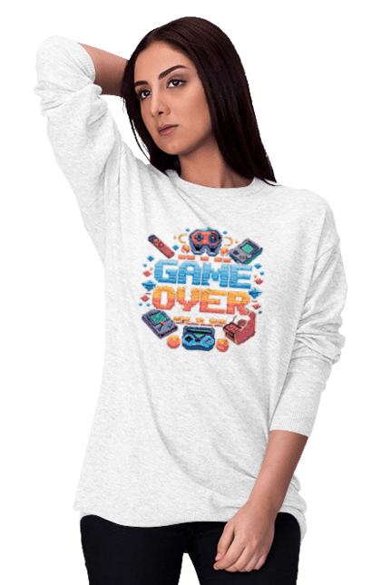 Women`s sweatshirt with prints Game Over. 90s, for gamers, game, gamer, pixel, pixel art, video game. 2070702