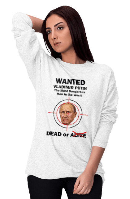 Світшот жіночий з принтом "Розшук Гаага". Путин, розшук гаага, розшук путин, хуйло. PrintMarket - інтернет-магазин одягу та аксесуарів з принтами плюс конструктор принтів - створи свій унікальний дизайн
