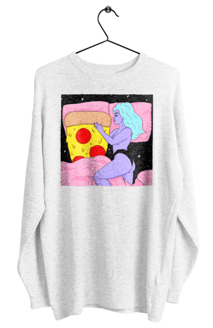 Світшот жіночий з принтом "Фіолетова Дівчина І Піца". Дівчина, ліжко, піца. 2070702