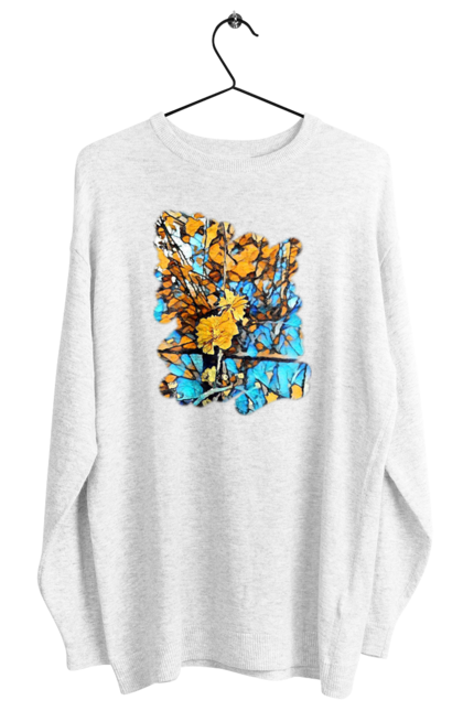 Світшот жіночий з принтом "Жовті квіти на синьому фоні". Арт, жовтий та синій, жовті квіти, жовто-синій, квіти, малюнок, природа, синій та жовтий, синьо-жовтий. 2070702