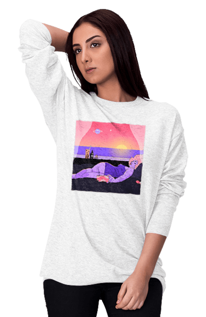 Women`s sweatshirt with prints Purple Girl On Vacation. Girl, sunset, telephone. 2070702