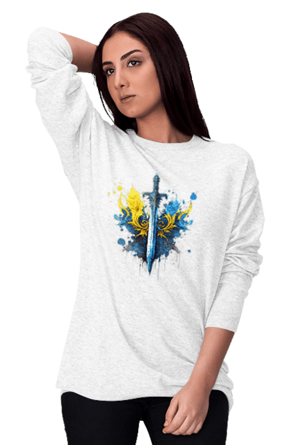 Світшот жіночий з принтом "Меч в українському стилі". Герб, меч, перемога, прапор, символ україни, тризуб, україна. Milkstore