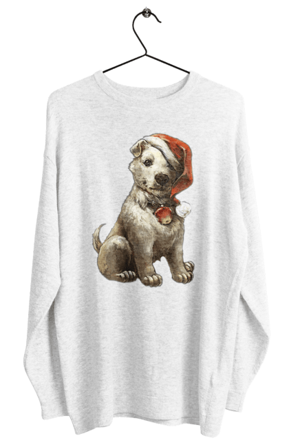 Світшот жіночий з принтом "Зимовий собака з новорічною шапкою". Зима, новий рік, різдво, сніг, собака. CustomPrint.market